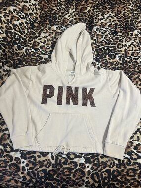 PINK Victoria's Secret ' Cream Hoodie with Leopard Print Logo